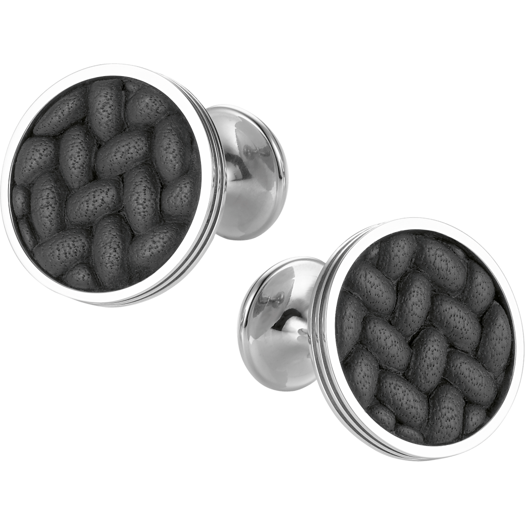 Cufflinks, Round in Stainless Steel with Leather and "Grains de Riz" Motif