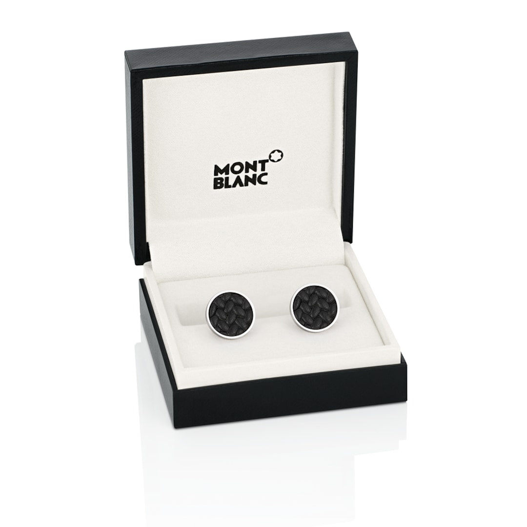 Cufflinks, Round in Stainless Steel with Leather and "Grains de Riz" Motif