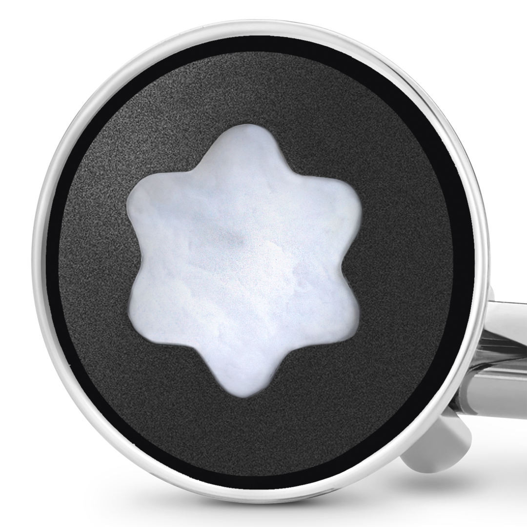 Boutons de manchette ronds en acier inoxydable avec incrustations PVD noir et emblème Snowcap en nacre