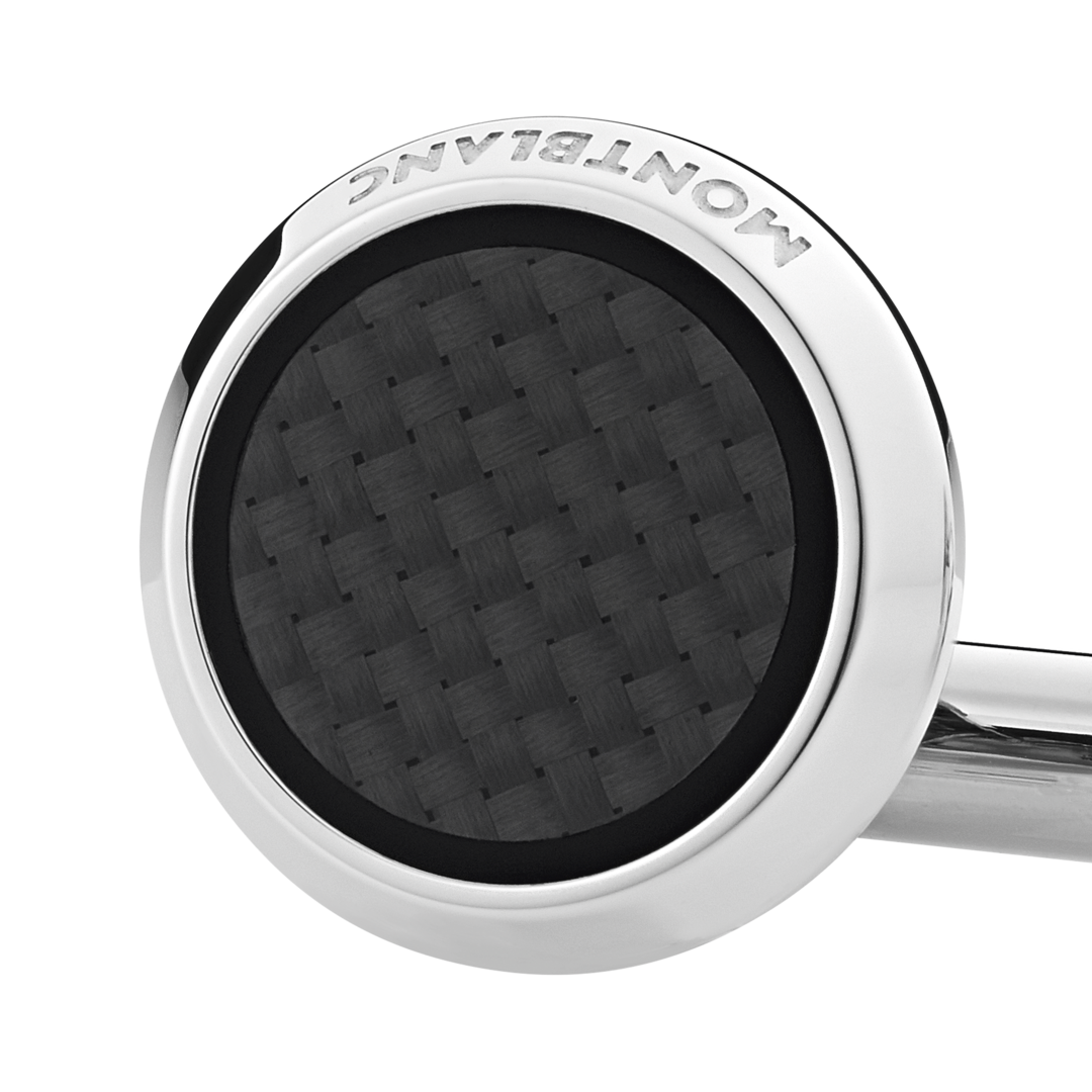 Cufflinks, round in stainless steel with carbon-patterned inlay
