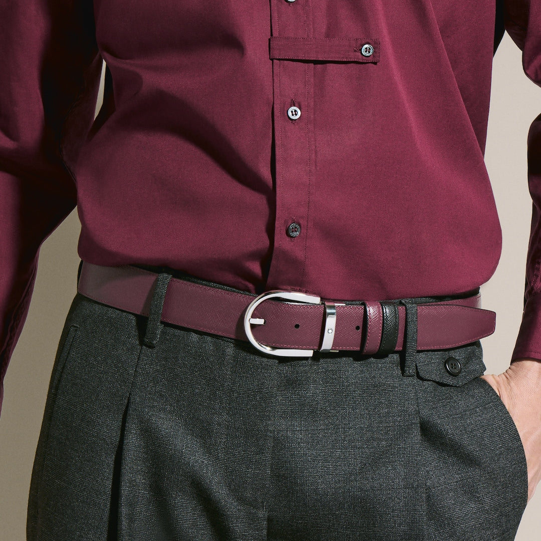 Horseshoe Buckle Black/Cassis 35mm Reversible Leather Belt