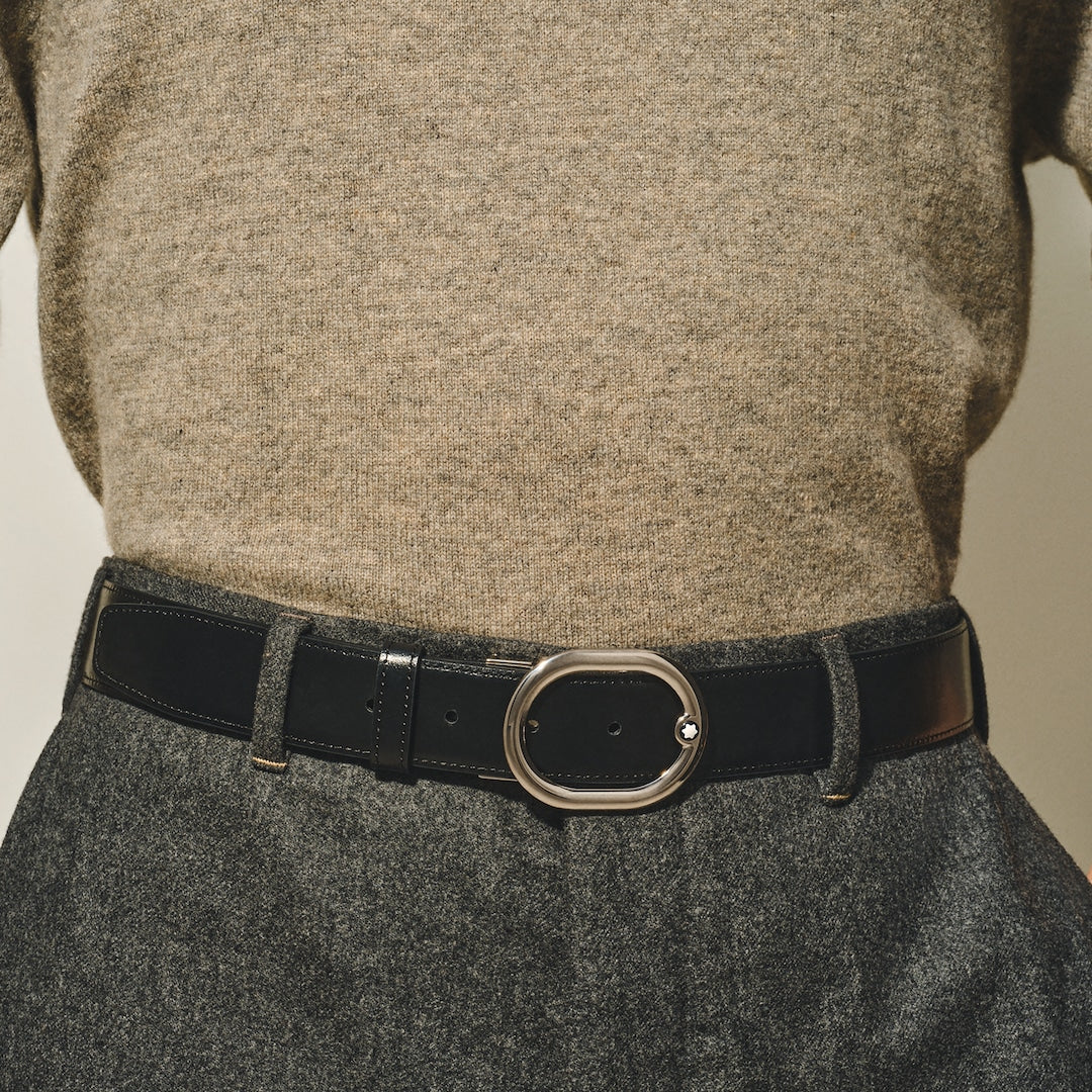 Horseshoe Buckle Tweed Blue/Black 30mm Reversible Leather Belt
