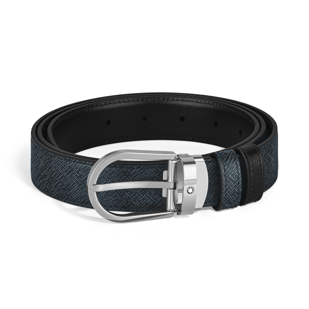 Horseshoe Buckle Tweed Blue/Black 30mm Reversible Leather Belt
