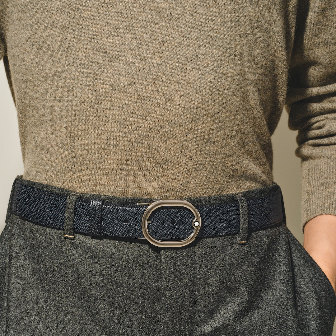 Horseshoe Buckle Tweed Blue/Black 30mm Reversible Leather Belt
