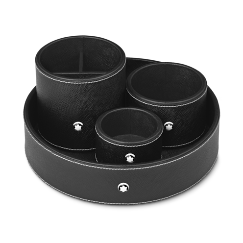 Round desk tray in black leather (Medium)