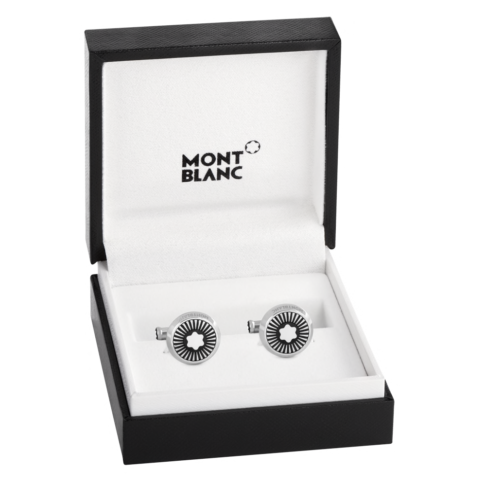 Cufflinks, round in stainless steel with ray pattern and mother-of-pearl snowcap emblem