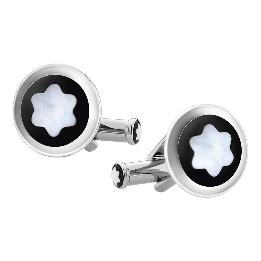 Round Cufflinks in Stainless Steel with Black PVD Inlay and Mother-of-Pearl Snowcap Emblem
