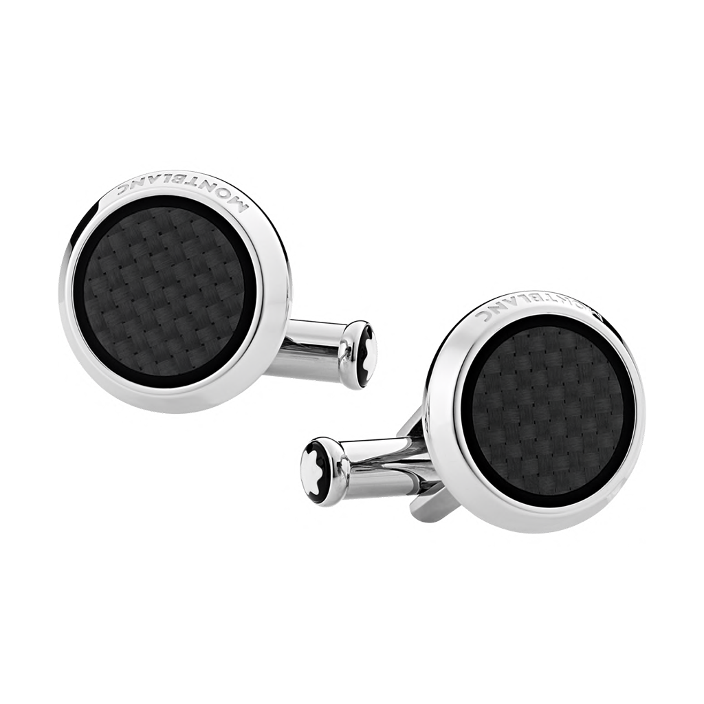 Cufflinks, round in stainless steel with carbon-patterned inlay