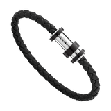 Bracelet in woven black leather with steel closing, black PVD finish and three rings