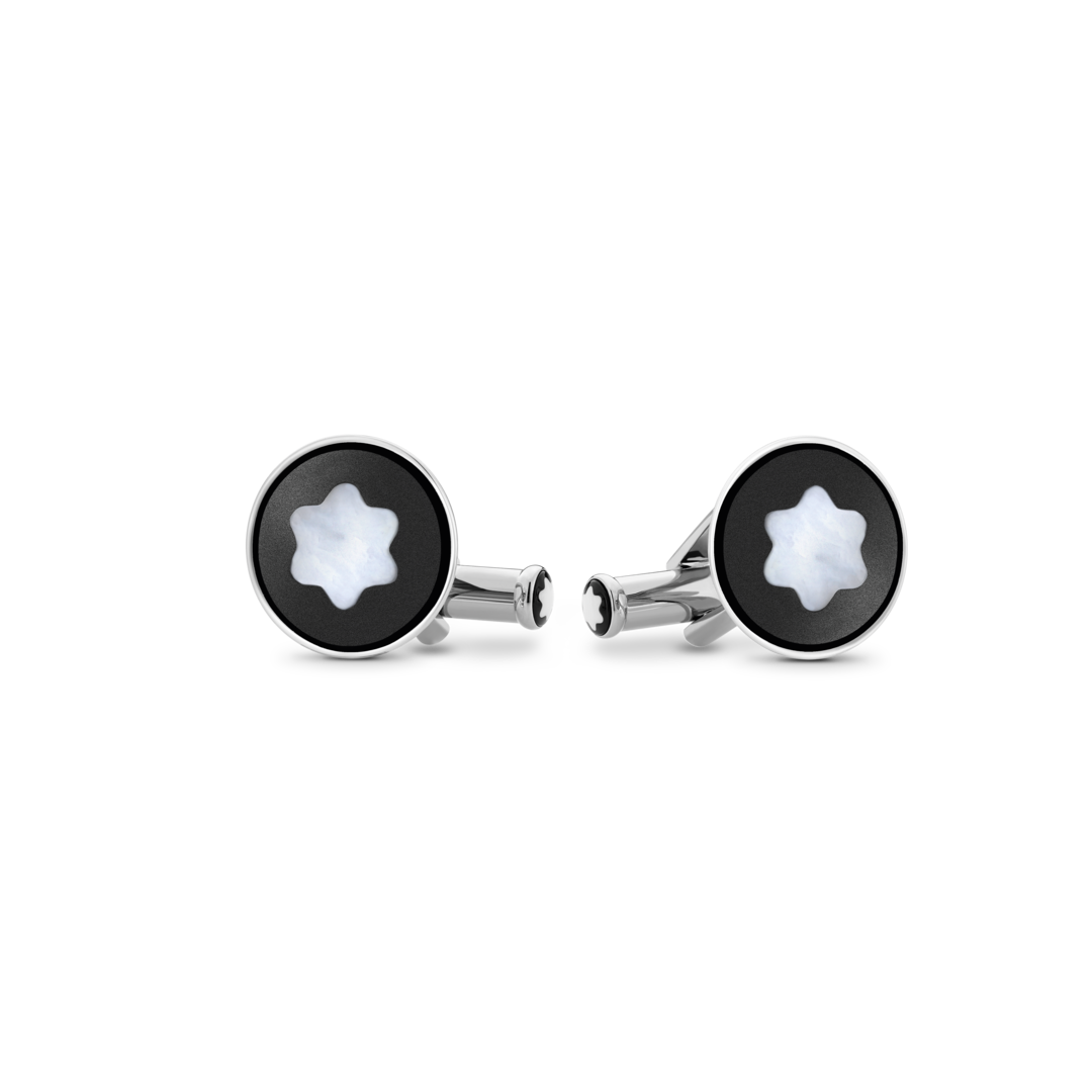 Boutons de manchette ronds en acier inoxydable avec incrustations PVD noir et emblème Snowcap en nacre