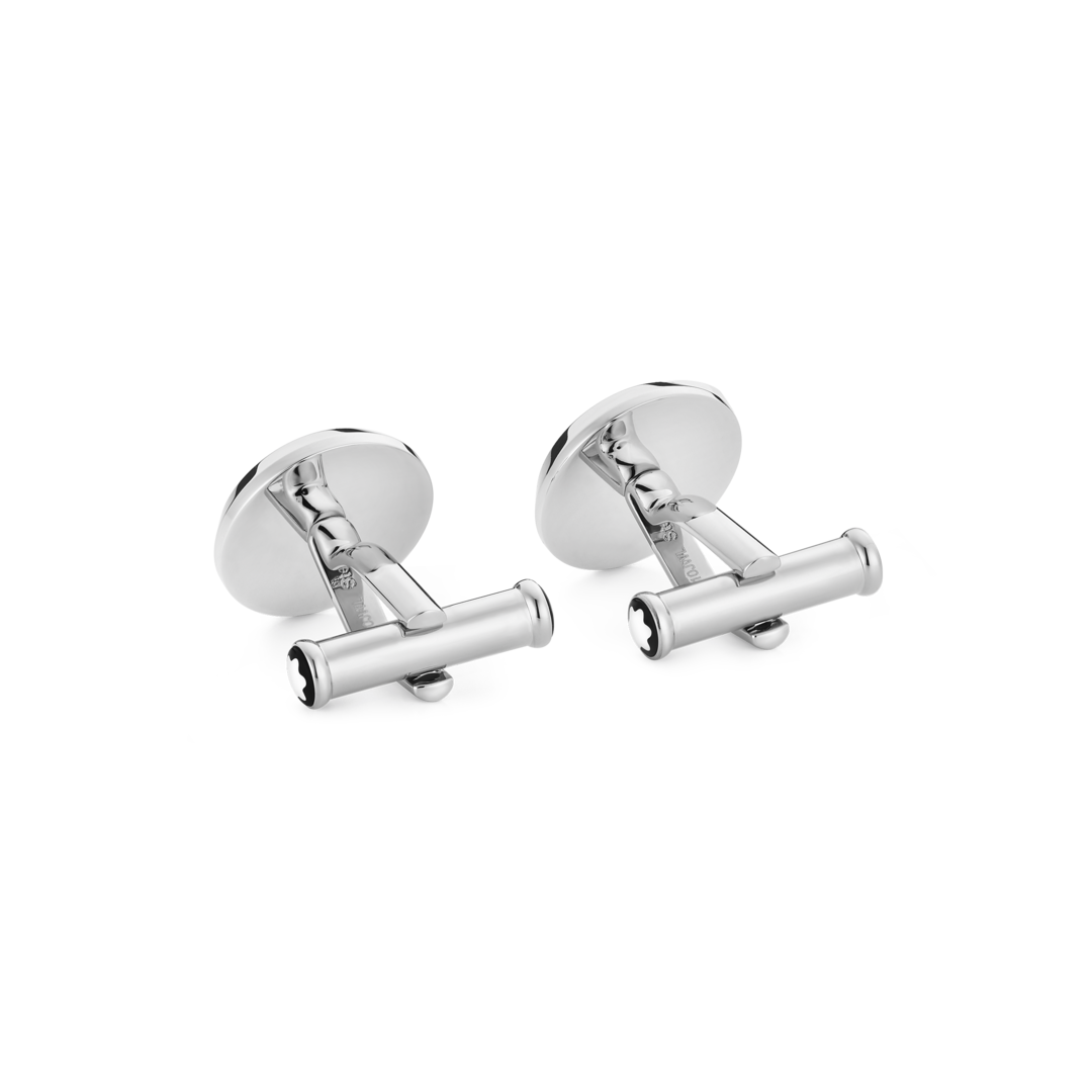 Cufflinks, round in stainless steel with carbon-patterned inlay