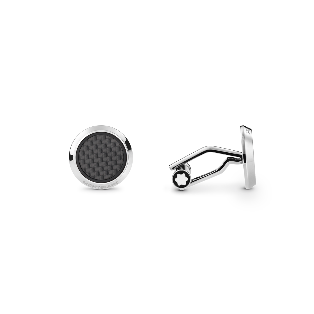 Cufflinks, round in stainless steel with carbon-patterned inlay