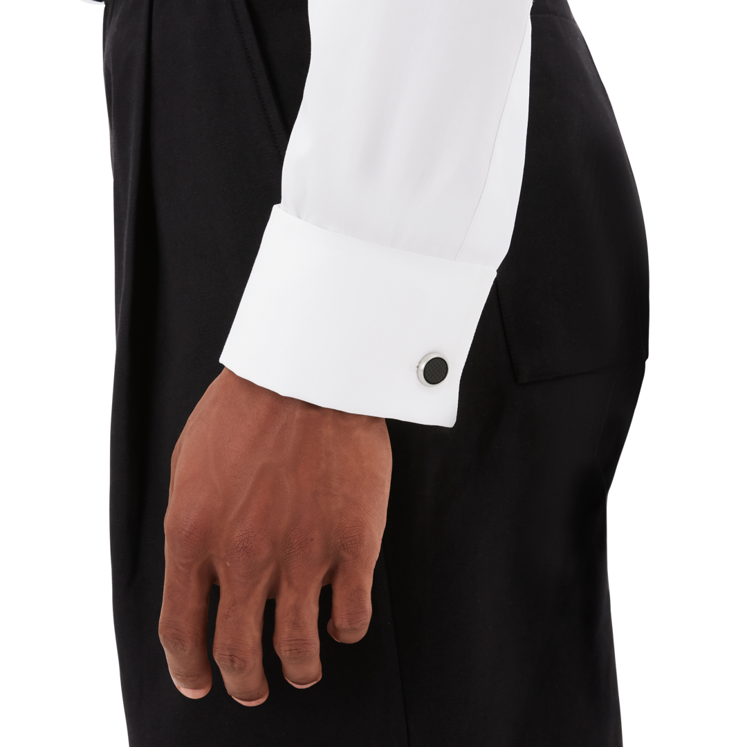 Cufflinks, round in stainless steel with carbon-patterned inlay