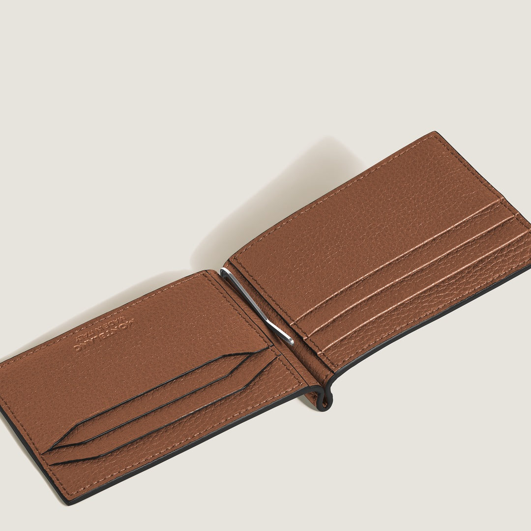 Portefeuille 6 compartiments pour cartes avec pince à billets en cuir grainé