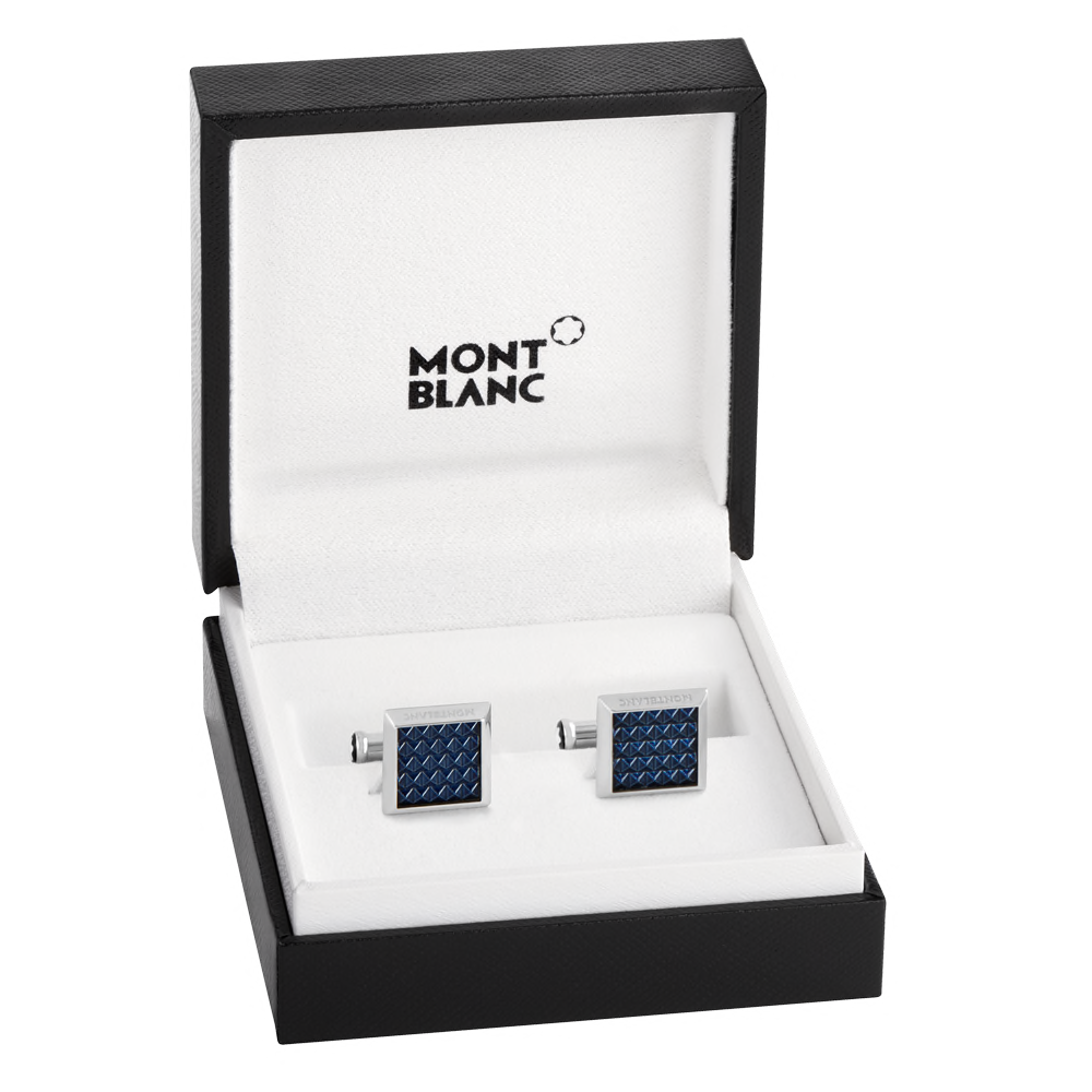 Cufflinks, rectangular in stainless steel with blue patterned inlay