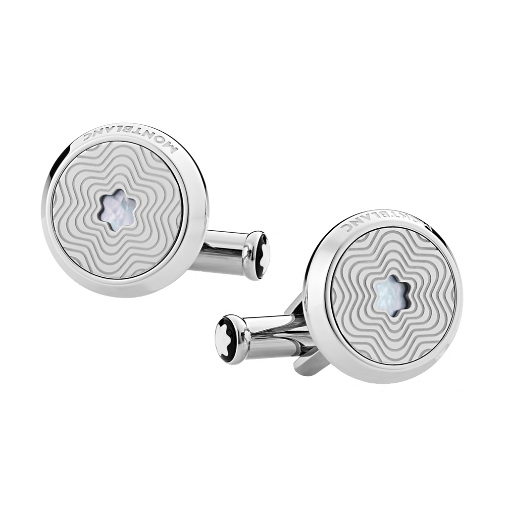 Boutons de manchette ronds en acier inoxydable avec motif étoile explosive et emblème de calotte de neige en nacre