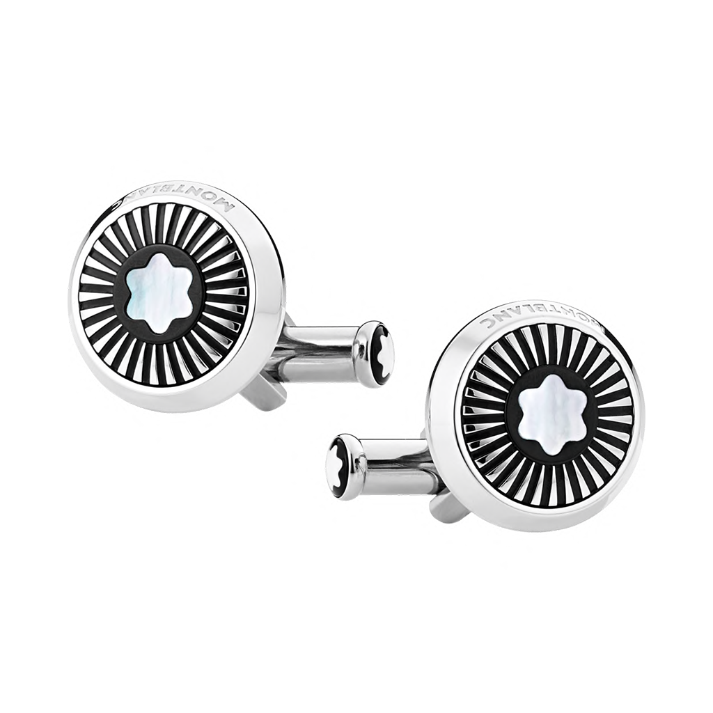 Cufflinks, round in stainless steel with ray pattern and mother-of-pearl snowcap emblem