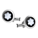 Round Cufflinks in Stainless Steel with Black PVD Inlay and Mother-of-Pearl Snowcap Emblem