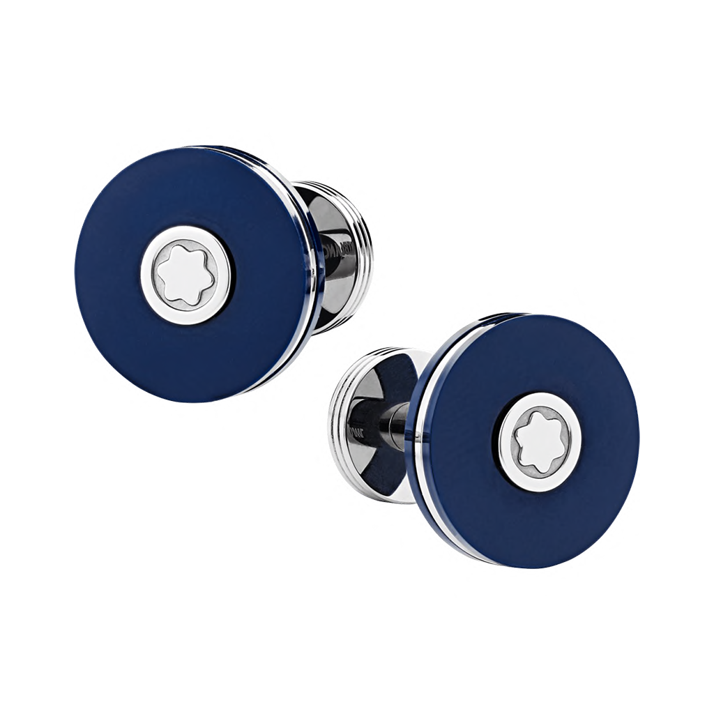 Cufflinks, round in stainless steel with blue resin
