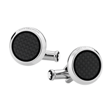 Cufflinks, round in stainless steel with carbon-patterned inlay