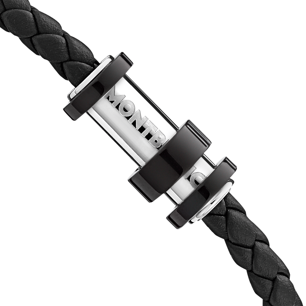 Bracelet in woven black leather with steel closing, black PVD finish and three rings