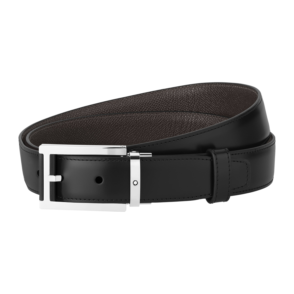 Rectangular Stainless Steel & Black Leather Pin Buckle Belt
